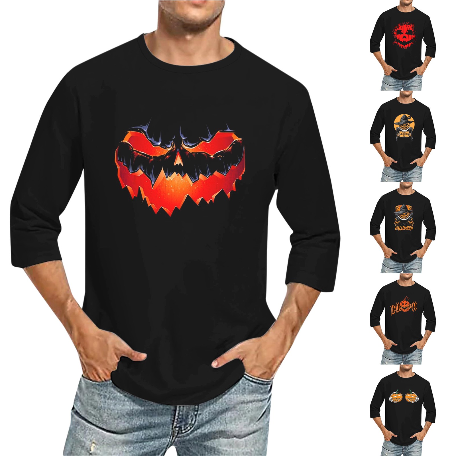Men's 3D Printed T Shirts 3/4 Sleeve Round Neck Halloween Casual Large Size Tops